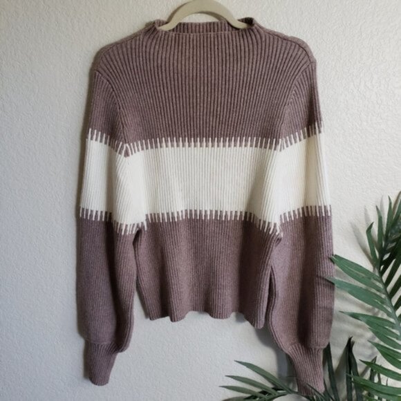 Nordstrom Mocha & Cream Mock Neck Ribbed Puff Sleeve Knit Sweater Soft size M - Picture 6 of 11